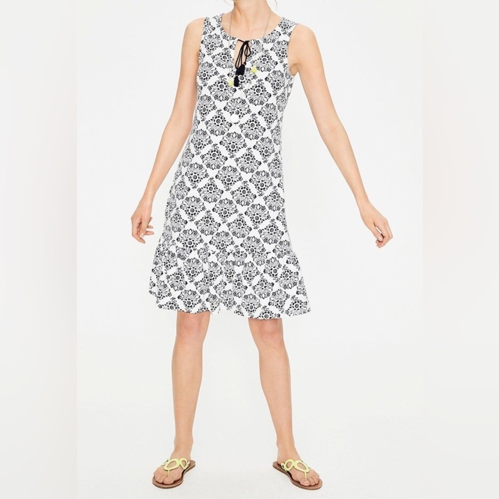 Boden White and Black Sleeveless Midi Dress with Lace-Up Neck